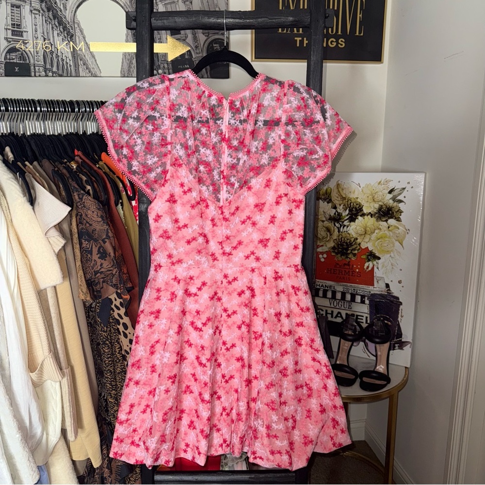 ML Monique Lhuillier Gathered Embroidered Tulle Mini Dress Pink Floral Fit Flare - Picture 8 of 15